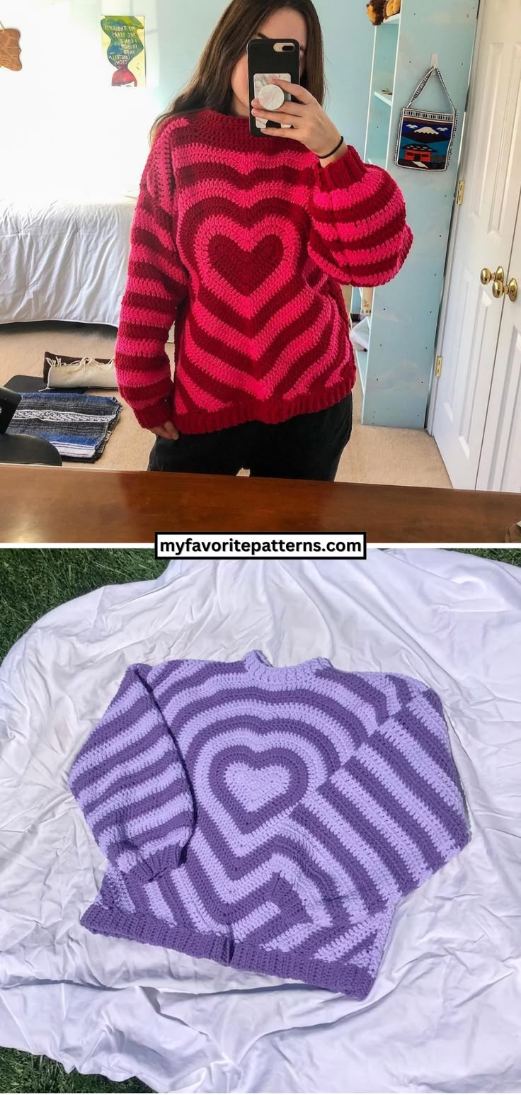 Free Crochet Heart Sweater Pattern Crochet Cardigan With Hearts, Crochet Heart Pattern Sweater, Fun Crochet Sweater Pattern, Crochet Holiday Sweater Pattern, Spring Crochet Aesthetic, Valentines Crochet Sweater Pattern, Free Crochet Patterns Websites, Knit Heart Sweater Pattern, Crochet Clothes Simple