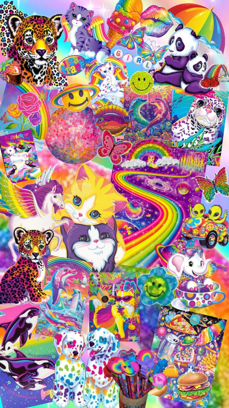 a collage of many different types of animals and rainbows on a colorful background