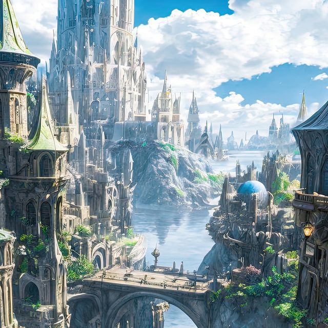 an image of a fantasy city with bridge and castle on the water in front of it