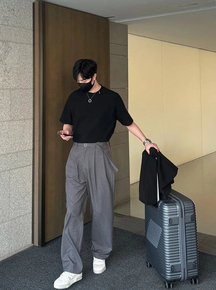 Belted Loose Leg Pants | Streets of Seoul | Men's Korean Style Fashion Clothing Style For Men Aesthetic, Korean Street Wear Male, Fits Aesthetic Men, Loose Fit Pants Men, Korean Street Style Men, Korean Boy Style, Asian Men Style, Male Fashion Korean, Outfit Ideas Men Korean