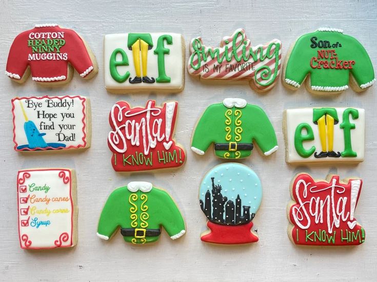 decorated cookies are arranged in the shape of christmas sweaters and other holiday related items