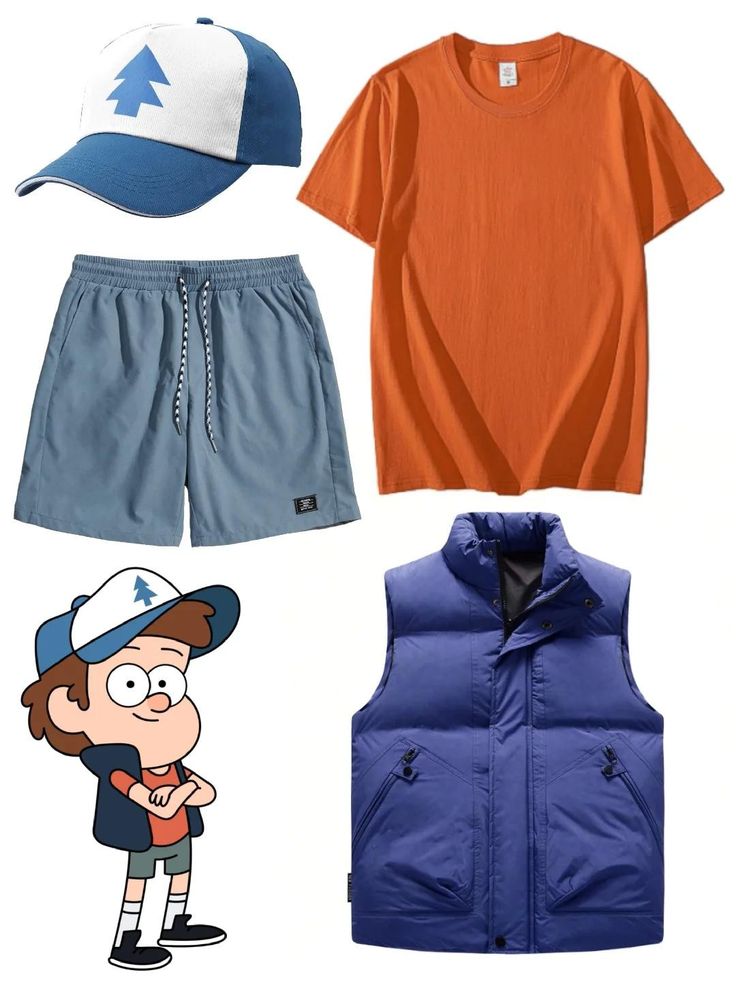 an orange shirt, blue shorts and a baseball cap are featured in this cartoon image