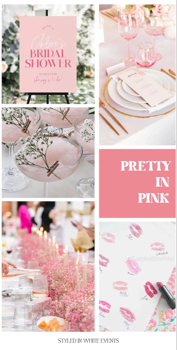 pink and gold bridal shower party with white table cloths, plates, napkins, candles