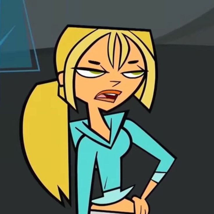 a cartoon girl with blonde hair and blue shirt looking at something in her hand as if she is angry