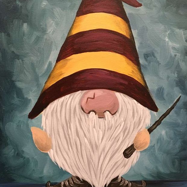 a painting of a gnome with a pipe in his hand and wearing a striped hat