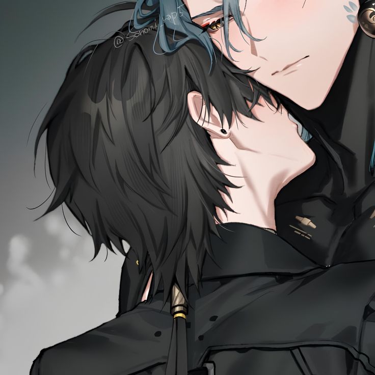 an anime character with black hair and piercings on his ears is hugging another person's head