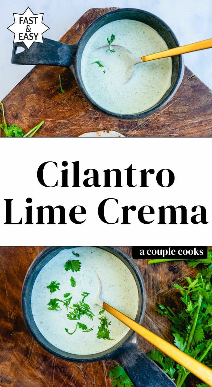 two pans filled with cilantro lime cream on top of a cutting board