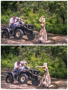 two people riding on four wheelers in the woods, one woman is holding her hand up