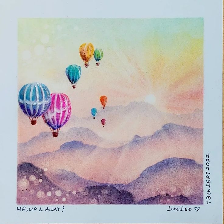 watercolor painting of hot air balloons flying in the sky over mountains and hills at sunset