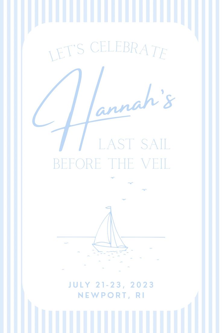 a blue and white card with a sailboat on it