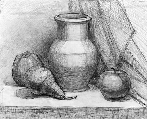 a pencil drawing of an apple and vase