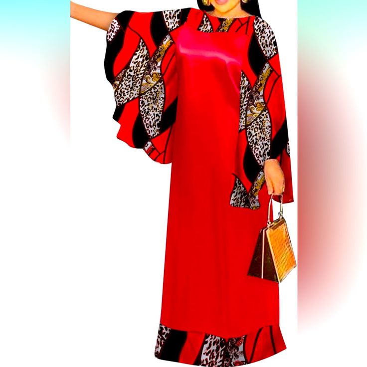 Women Maxi Kaftan/Kimono Dress New W/Tags Red/Leopard Print Size M Red Maxi Dress With Kimono Sleeves, Vintage Print Dress, Beach Sundress, Long Summer Dresses Maxi, Dress Autumn, Elegant Maxi Dress, Long Shirt Dress, Women Maxi, Long Sleeve Maxi