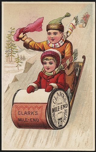 an old fashioned christmas card shows two children in a sleigh