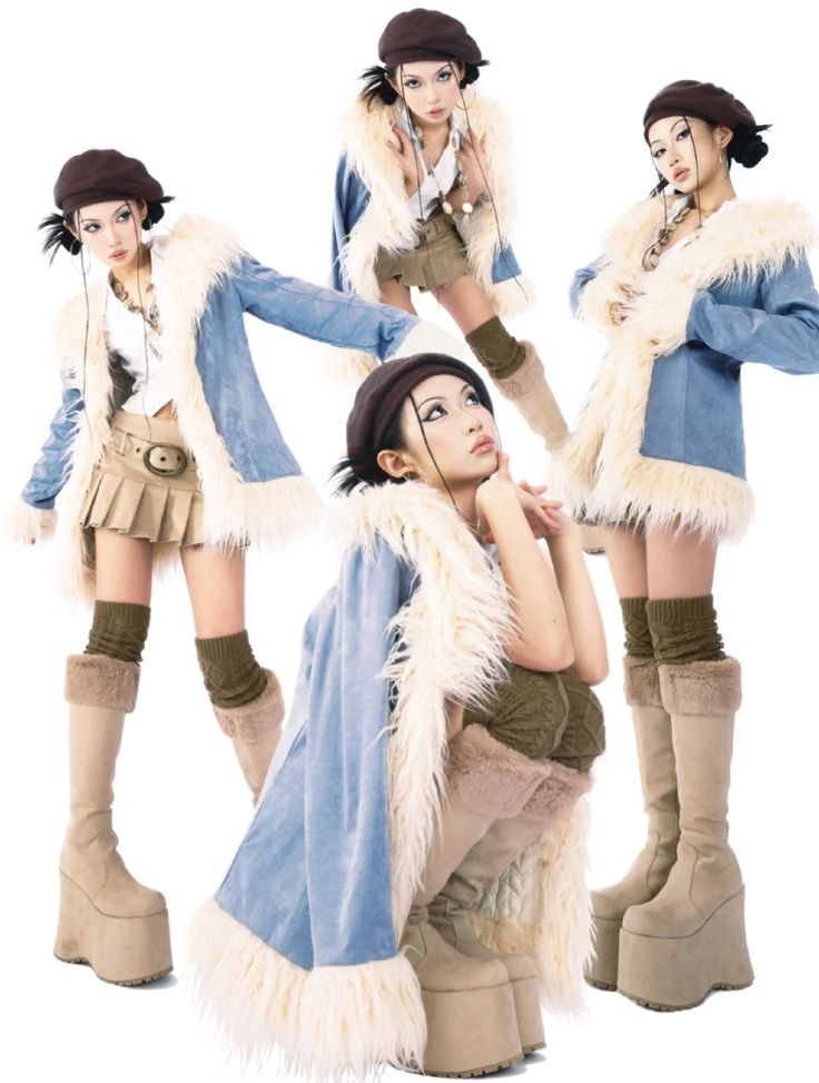 four photos of the same woman in different outfits and boots, one is wearing a fur coat