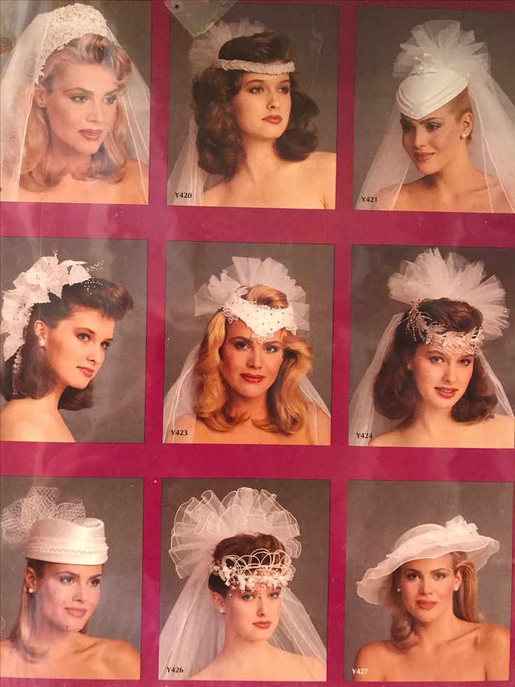 many different pictures of women wearing hats and veils on their heads, including the bride's hair