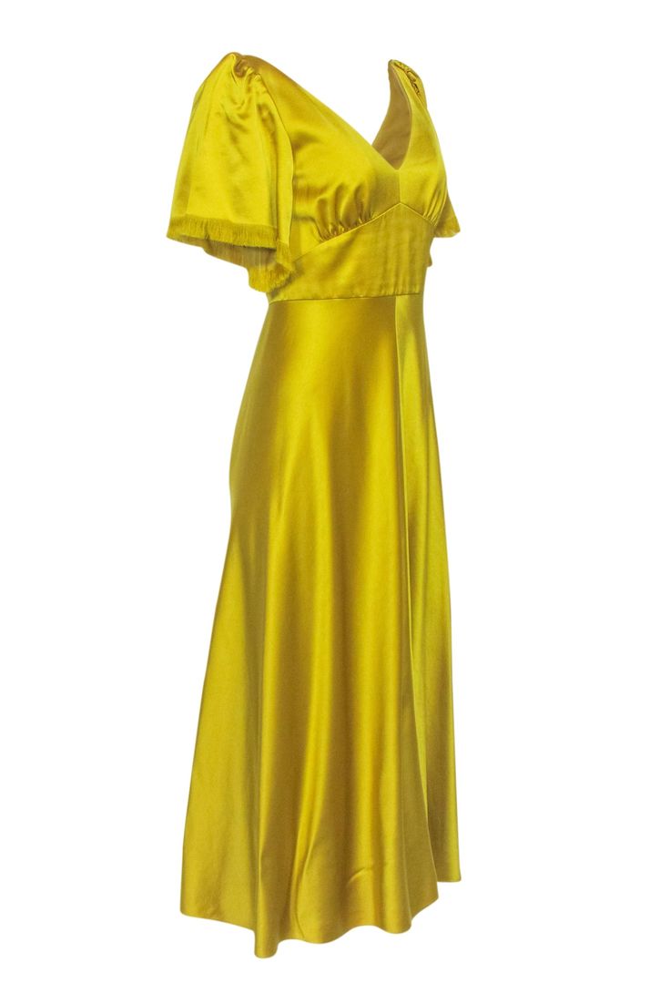 Look gorgeous in this charming hammered satin midi dress from Lela Rose. Featuring a V-neckline with flutter sleeves and a frayed hem, this bright yellow dress is perfect for all your wedding season events! Wear it with strappy heels for a show-stopping look! Size 6 Shell 65% Viscose, 35% Polyamide Lining 100% Polyester Invisible zipper back V-neckline Frayed hem flutter sleeve Bust 36" Waist 30" Shoulder to hem 53" Sleeve length 10.5" Yellow Satin Midi Dress, Yellow A-line Midi Dress Solid Color, Yellow Solid Color V-neck Midi Dress, Vibrant Yellow V-neck Dress, Yellow V-neck Relaxed Fit Dress, Lela Rose Dress, Bright Yellow Dress, Buy Shoes Online, Lela Rose