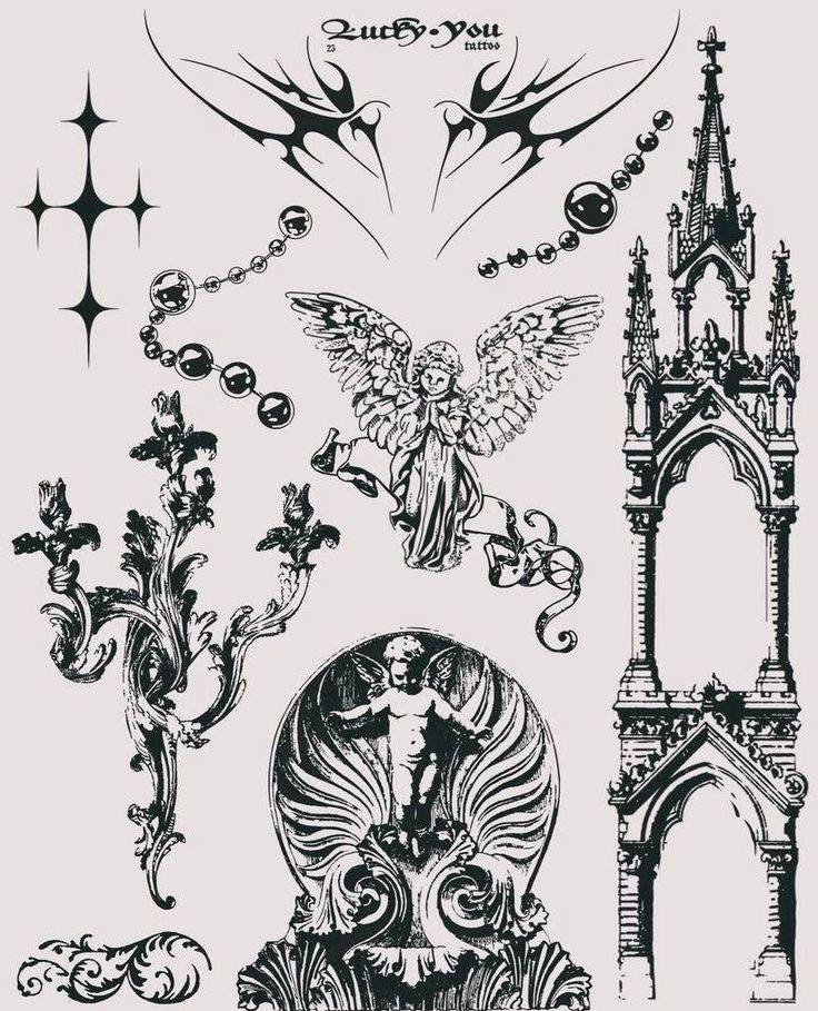 an assortment of gothic tattoos on a white background with black ink and some design elements