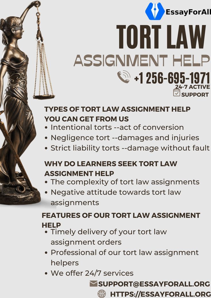 an advertisement for the tort law assignment help program, featuring a lady justice statue