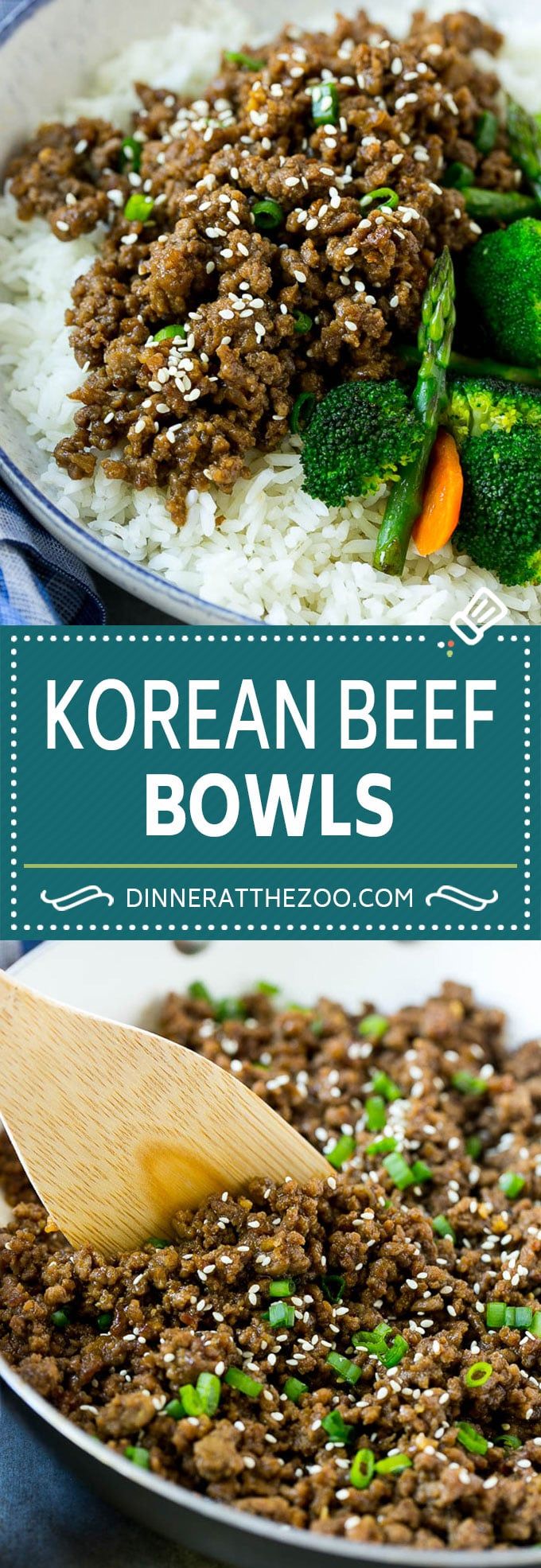 korean beef bowls with rice, broccoli and carrots in a pan on the table