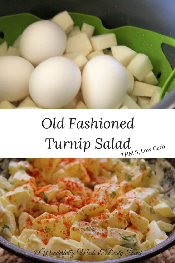 an old fashioned turnip salad in a bowl with eggs and cheese on the side