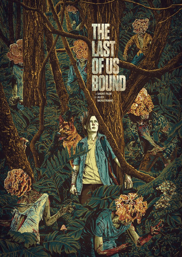 the last of us bound movie poster with zombies and zombie people in the woods, surrounded by flowers