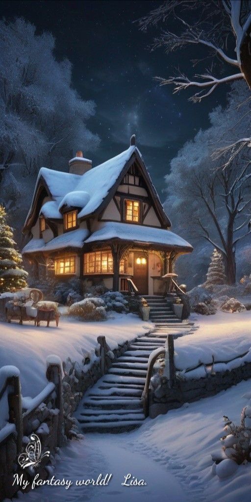 a house is lit up in the night with snow on the ground and stairs leading to it