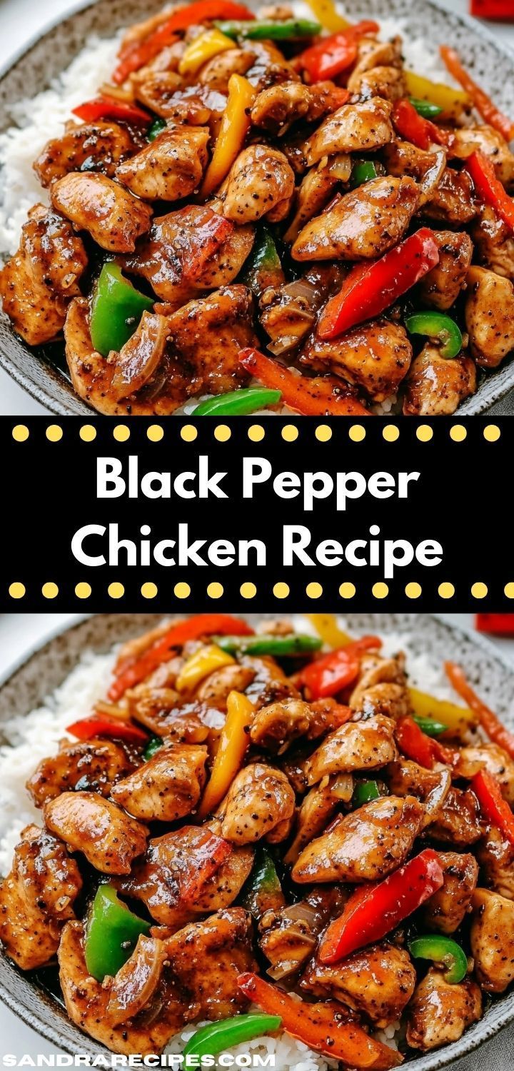 black pepper chicken recipe on a plate with rice