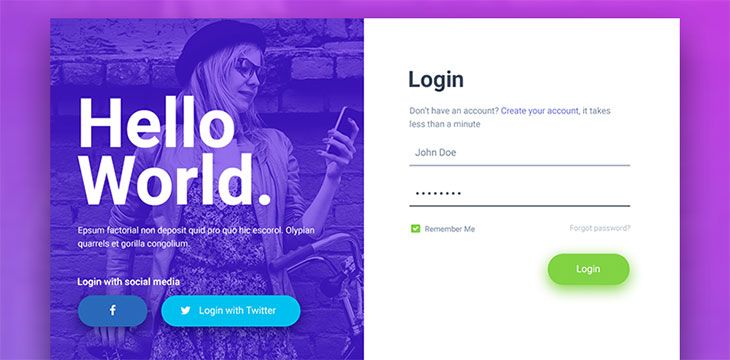 the login page for hello world is displayed on a purple and blue background with an image of a woman holding a cell phone