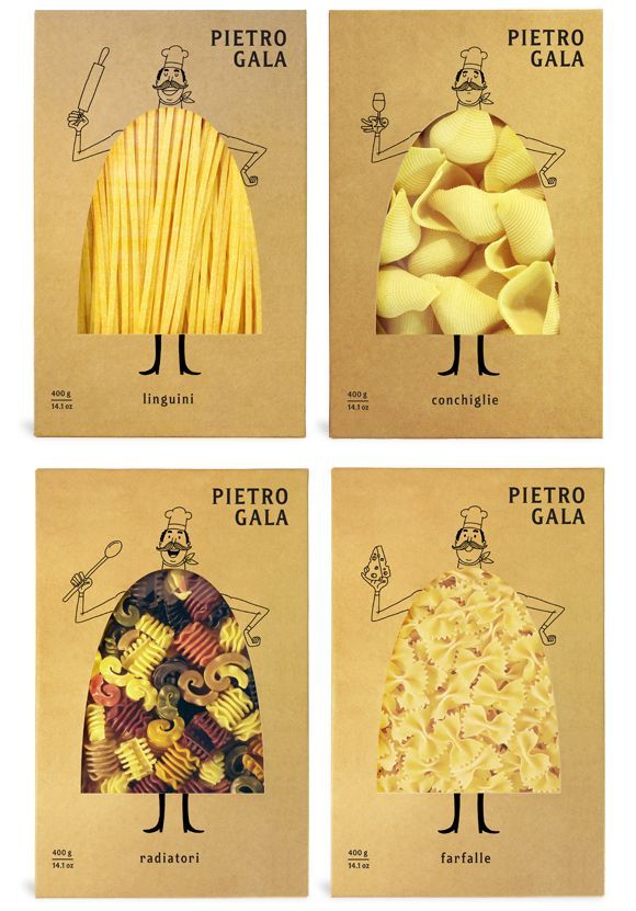 four different types of pasta are shown in three separate boxes, each with an image of a chef's hat