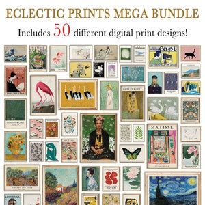 the cover of eclectic prints mega bundle includes 50 different digital print designs, including an image of