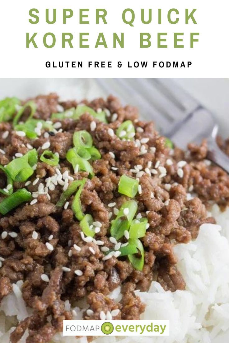 a plate with rice, meat and green onions on it that is super quick korean beef gluten free & low fodmap