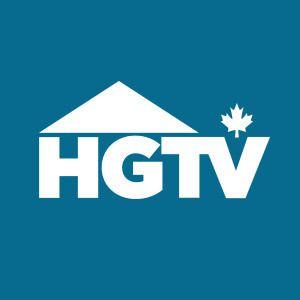 the hgtv logo is shown in white on a blue background with maple leaves