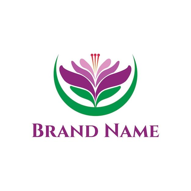 the logo for brand name is purple and green leaves