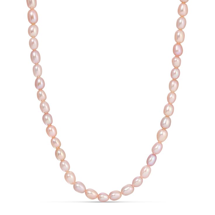 Customize the classic pearl necklace with your choice of peach, purple, or white genuine freshwater pearls for a subtle luster sure to brighten up any outfit. Naturally tinted, this necklace pairs great with dainty golden chains and pearl earrings to tie up your look. Oval Pearl Necklace With Pearl Charm, Rose Gold Single Strand Pearl Necklace, Classic Rose Gold Pearl Drop Necklace, Single Strand Oval Pearl Necklace For Gift, Pearl White Oval Necklace With Pearl Chain, Oval Single Strand Pearl Necklace As A Gift, Oval Pearl Necklaces, Oval Pearl White Necklace With Pearl Chain, Elegant Pink Pearl Drop Necklace