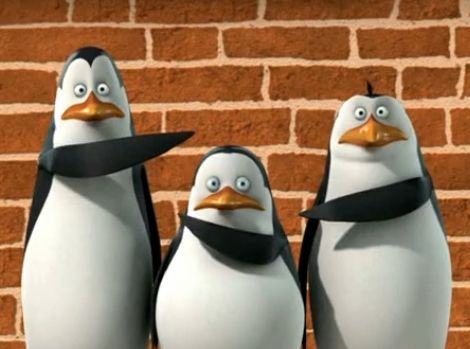 three penguins are standing in front of a brick wall