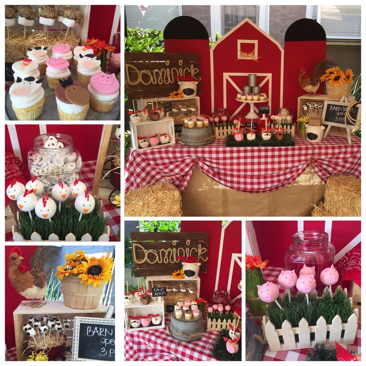 a collage of pictures with cupcakes, cakes and farm animals on them