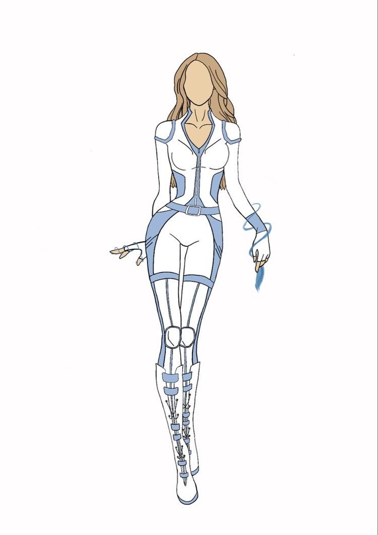 a drawing of a woman in blue and white clothes with her hands on her hips