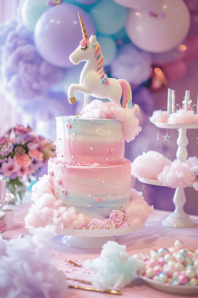 there is a cake with a unicorn on top and balloons in the background at this birthday party