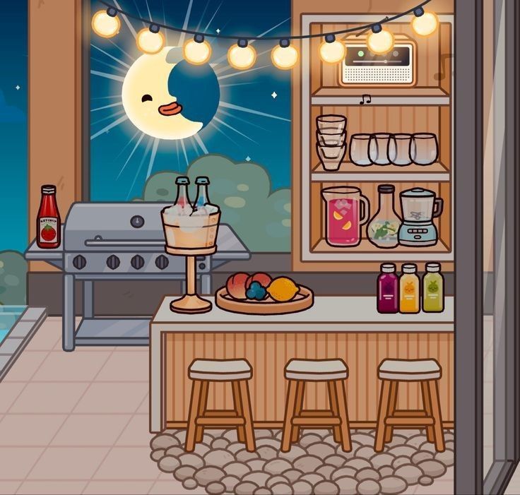 a cartoon kitchen with lights strung from the ceiling