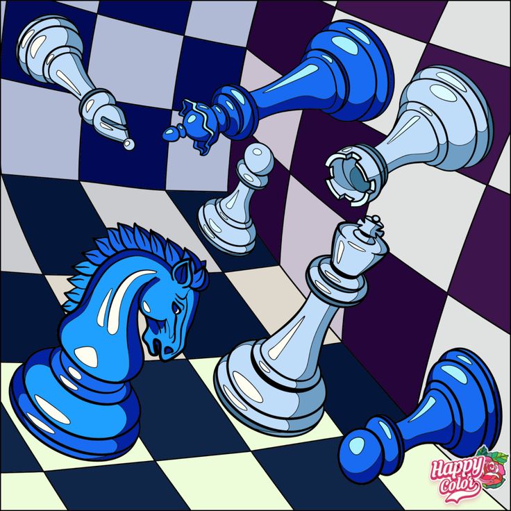 two blue and white chess pieces on a checkered floor