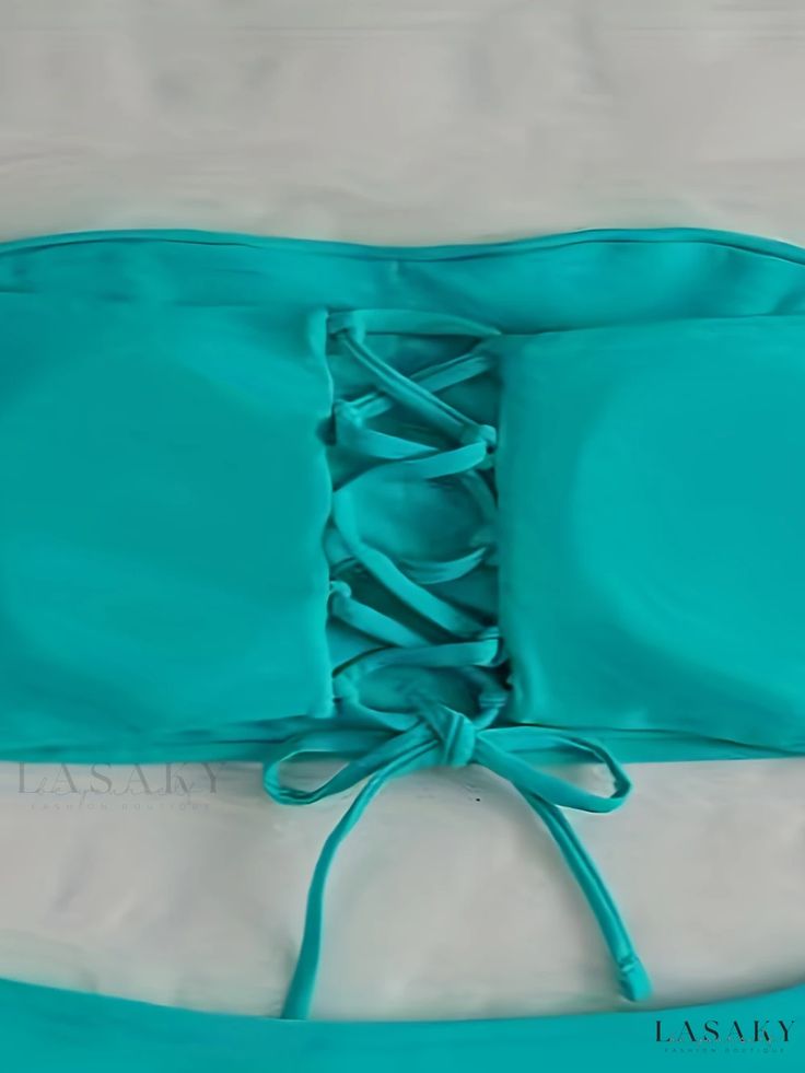 Lasaky - Lake Blue Lace Up Bandeau 2 Piece Set Bikini: Chic Solid Color High Waist Swimsuit for Beach, Pool and Bathing. Trendy Womens Swimwear & Clothing. Green Bandeau Tankini For Beach, Bandeau Tankini For Vacation, Summer Strapless Tankini For Beach, Strapless Tankini For Vacation Beachwear, Strapless Summer Tankini For Beach Season, Strapless Summer Tankini For Beach, Green Beachwear Tube Top For Vacation, Green Summer Tube Top For Beach, Beachy Bandeau Tankini For Vacation