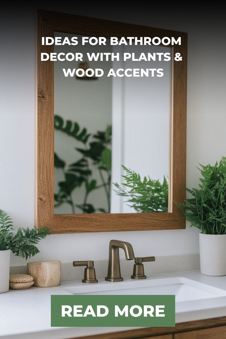 a bathroom sink with plants in it and the words, ideas for bathroom decor with plants & wood accents read more