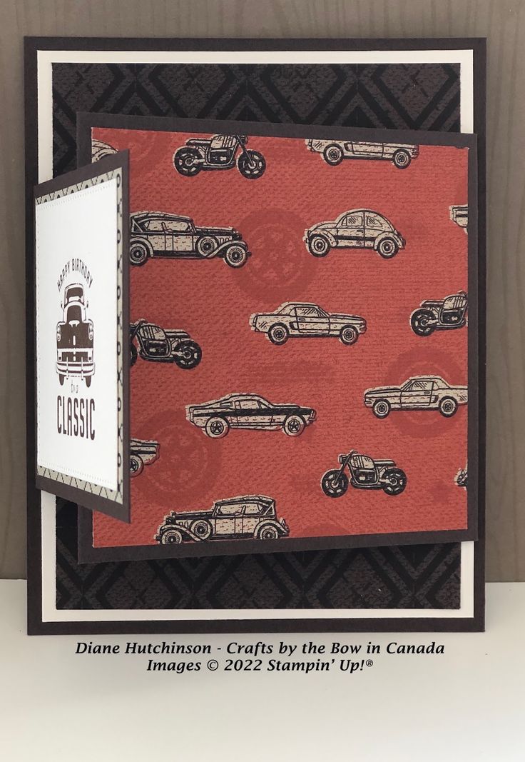 a card with some cars on it and the words classic written in black ink,