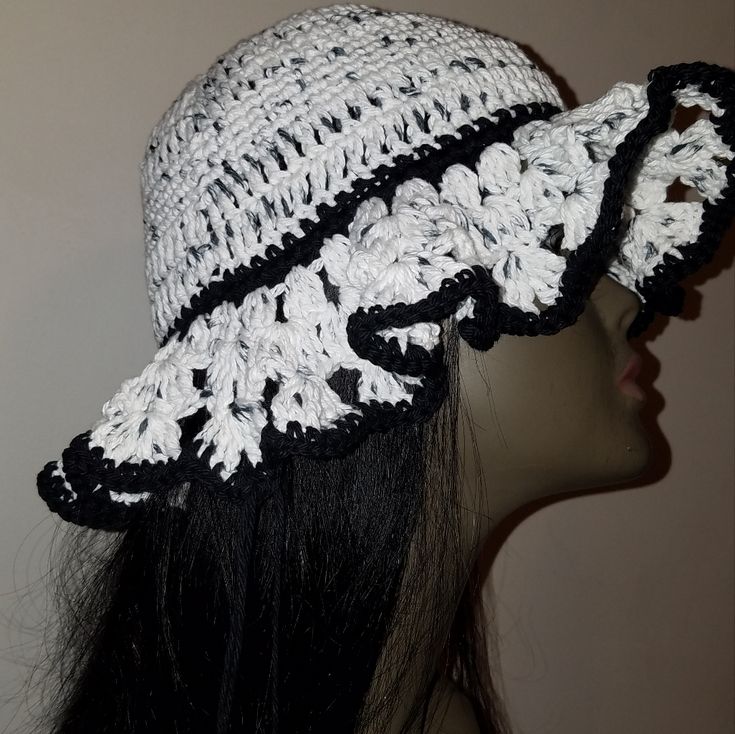 Woman's Crochet White And Black Cotton Floppy Hat. 100% Cotton. Handmade White Wide Brim Sun Hat, Bohemian Lightweight White Hat, White Beach Cap, White Crochet Hat With Short Brim For Vacation, White Crochet Bucket Hat For Spring, White Brimmed Crochet Hat For Vacation, White Brimmed Crochet Hat For Summer, White Crochet Hat With Curved Brim For Summer, Adjustable White Crochet Bucket Hat