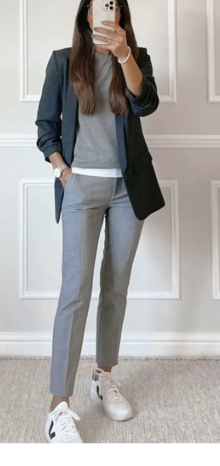 Casual Court Outfit Simple, Professional Outfits Rainy Day, Womens Suits With Tennis Shoes, Gray Work Outfits Women, Athletic Business Outfit, Sneaker Professional Outfit, Gray Pant Work Outfit, Comfy Business Casual Outfits Work, Grey Ankle Pants Outfit