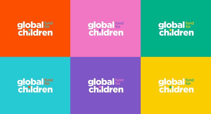 four squares with different colors and the words global for children written in white on them