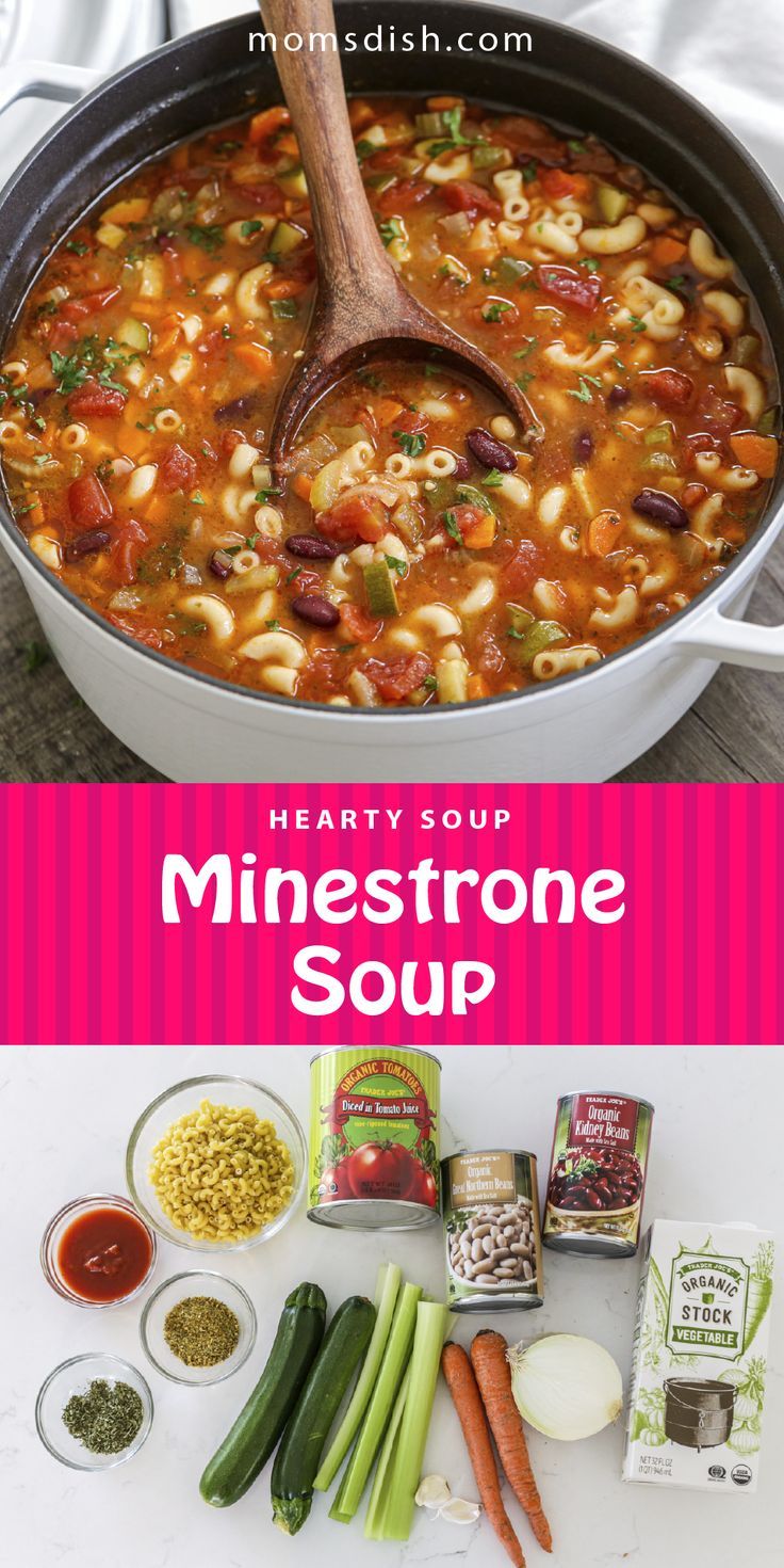 hearty soup with minestone soup in it and ingredients to make it on the table