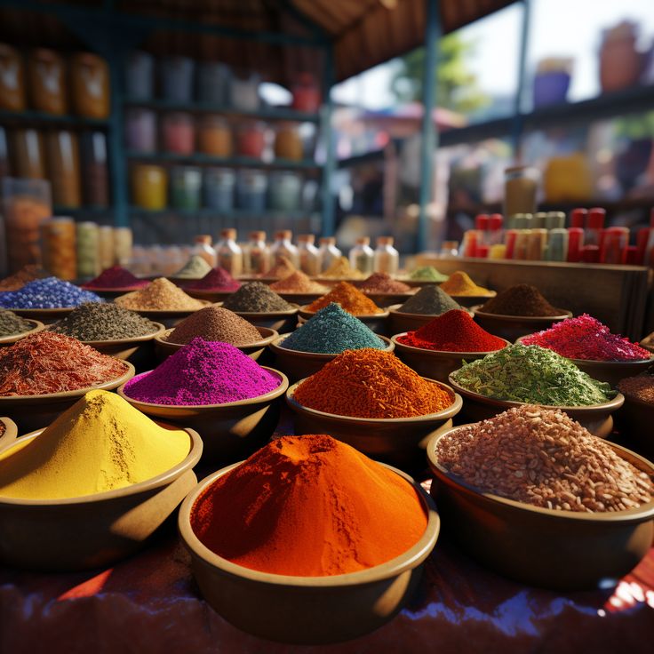 many bowls filled with different colored powders