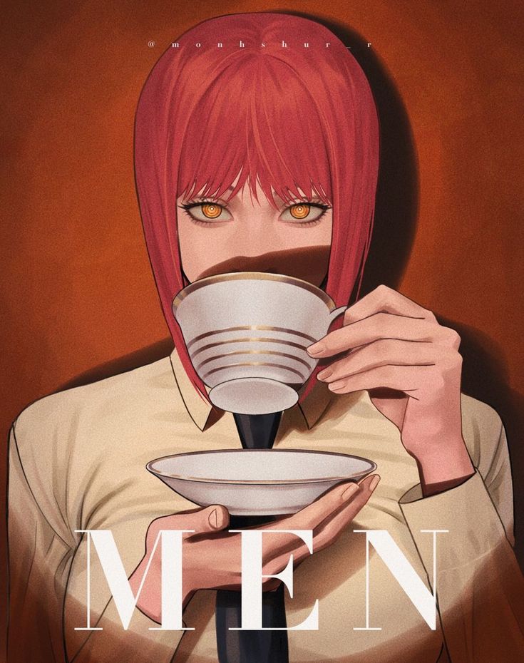 a woman with red hair drinking from a coffee cup while holding a plate in front of her face