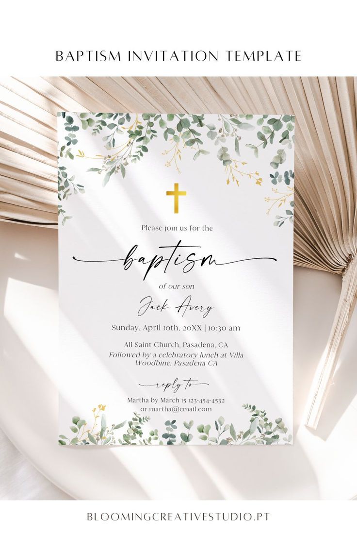 baptism invitation Baptism Invitation Template, Modern Greenery, Christening Invitation, Baptism Decorations, Diy Invitation, Baptism Invitation, Religious Cross, Baptism Invitations, Pure Joy